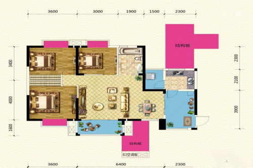 瑞居海布斯卡一期一期4号楼标准层B4户型-3室2厅1卫1厨建筑面积97.19平米