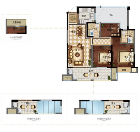 新城香悦半岛A1户型-3室2厅2卫1厨建筑面积88.00平米