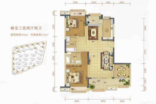 中海外·北岛锦庭组团洋房A户型-3室2厅2卫1厨建筑面积104.00平米