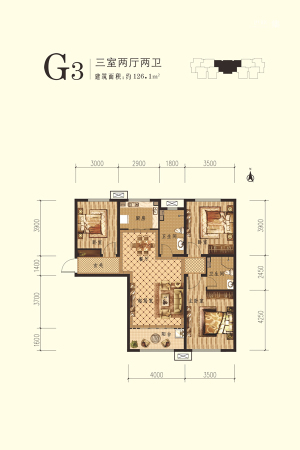 想象国际北9#标准层G3户型-3室2厅2卫1厨建筑面积126.10平米