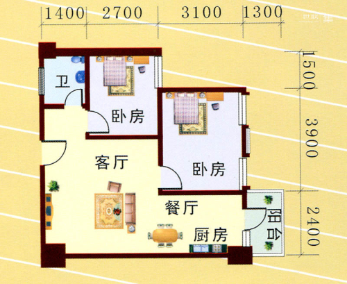 创基大厦一期1号楼B6户型-2室2厅1卫1厨建筑面积75.22平米