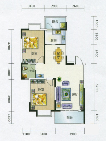 艺海苑D1、F1户型-2室2厅1卫1厨建筑面积91.00平米