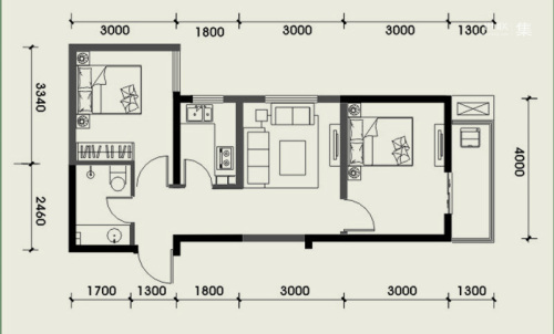 经发新北居1-4号楼C3户型-2室1厅1卫1厨建筑面积62.91平米