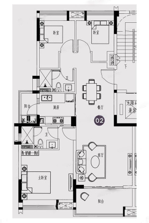 保利紫云C4、C5栋02户型-3室2厅2卫1厨建筑面积104.80平米
