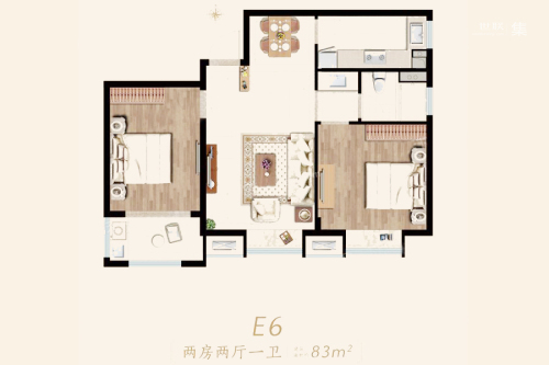 中海桃源里项目3#E6户型-2室2厅1卫1厨建筑面积83.00平米