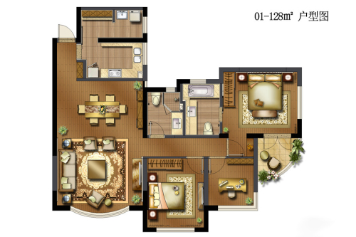 趣园128平米户型-3室2厅2卫1厨建筑面积128.37平米
