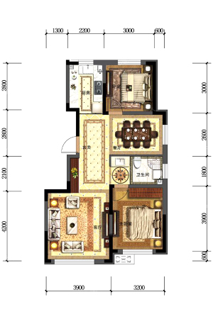 金色橄榄城三期三期C2户型图-2室2厅1卫1厨建筑面积87.73平米