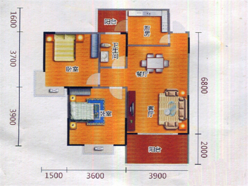 桐洋新城二期37#38#H4户型-2室2厅1卫1厨建筑面积87.02平米