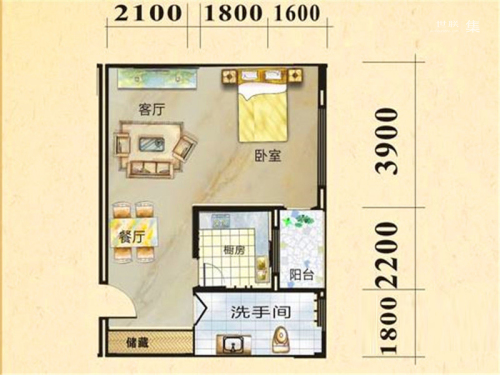 上海花园E户型-1室2厅1卫1厨建筑面积54.48平米