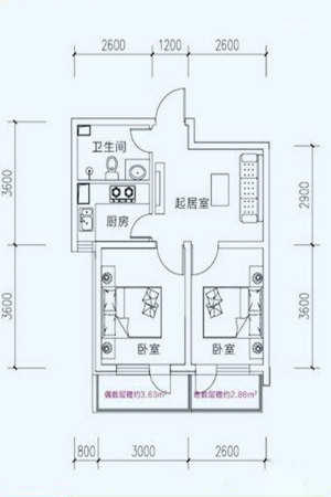 海伦堡B座B户型57平-2室1厅1卫1厨建筑面积57.00平米