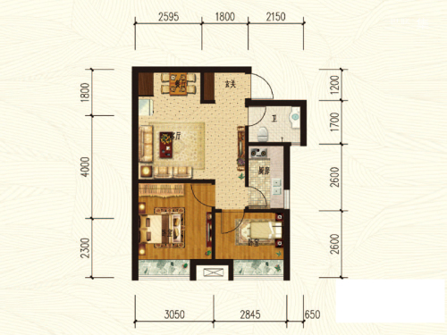 天宁小筑1#6#标准层B户型-2室1厅1卫1厨建筑面积63.64平米