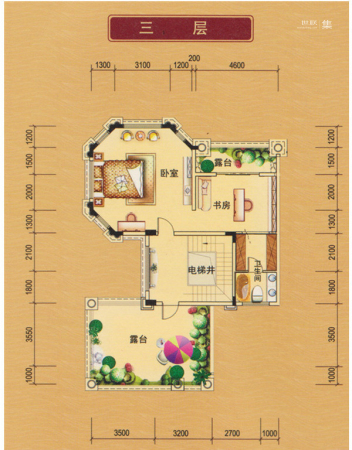 山水豪廷F户型平面图三层-2室0厅1卫0厨建筑面积90.00平米