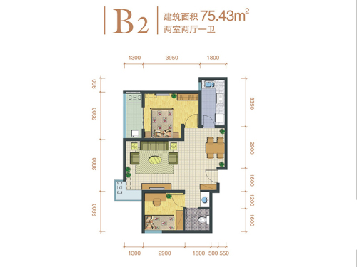宏府龙翔长安10号楼B2户型-2室2厅1卫1厨建筑面积75.43平米