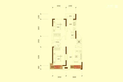 锦城邻里F1户型77.51平-2室2厅1卫1厨建筑面积77.51平米