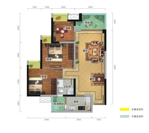 瑞升城北橡树林1栋标准层E户型-3室2厅1卫1厨建筑面积89.00平米