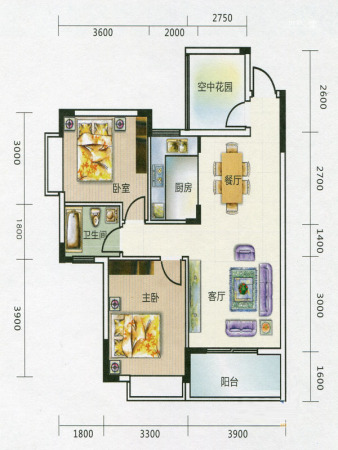 艺海苑A2户型-2室2厅1卫1厨建筑面积90.33平米