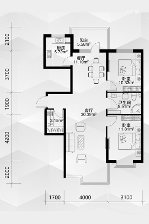 恒祥空间6、7#户型-2室2厅1卫1厨建筑面积121.90平米