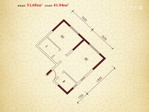 珠江新城二期I户型-1室1厅1卫1厨建筑面积51.68平米