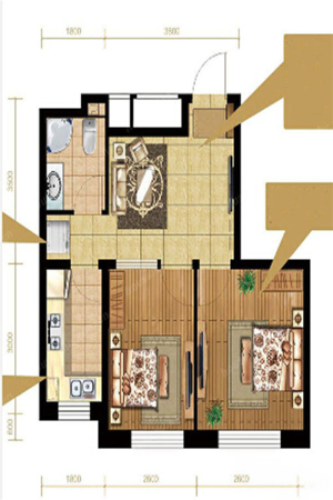 江南时代B户型-2室1厅1卫1厨建筑面积57.36平米