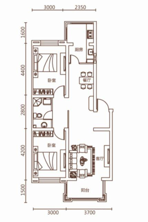 艾格尔e会展一期K户型-2室2厅1卫1厨建筑面积92.00平米