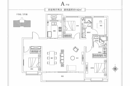 融创璟园A户型-A户型-4室2厅2卫1厨建筑面积142.00平米