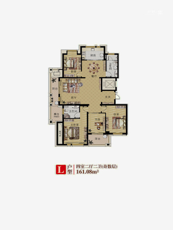 大美公寓L户型-4室2厅2卫1厨建筑面积161.08平米