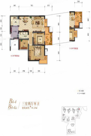 棠湖清江花语一期B4-4、B4-4a户型标准层-3室2厅1卫1厨建筑面积91.26平米