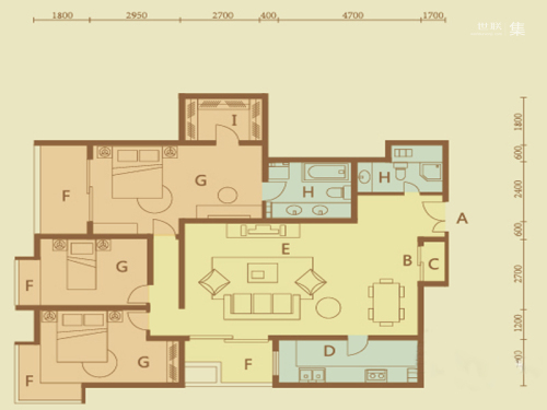 世豪公寓C户型-3室2厅2卫1厨建筑面积153.53平米
