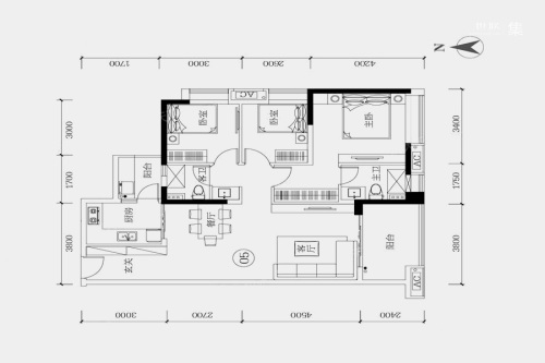 保利紫云B2栋05户型-3室2厅2卫1厨建筑面积106.86平米
