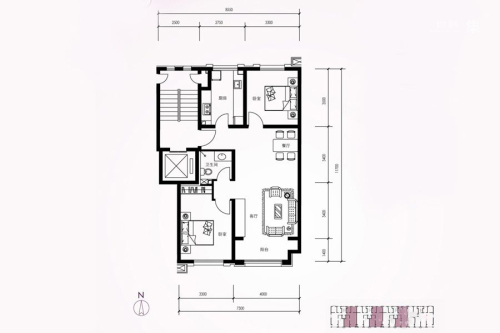 一品嘉园B中户型-B中户型-2室2厅1卫1厨建筑面积88.00平米