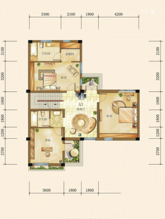 瑞升橄榄山一期联排1栋A3户型2层-3室3厅3卫1厨建筑面积290.00平米