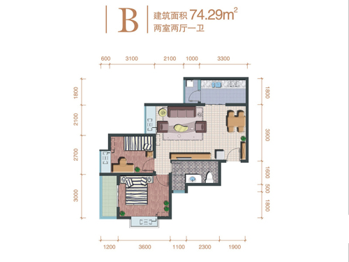 宏府龙翔长安13号楼B户型-2室2厅1卫1厨建筑面积74.29平米