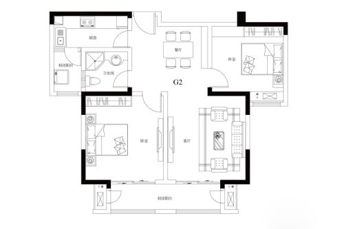 观山悦一期11#、12#标准层G2户型-2室2厅1卫1厨建筑面积93.00平米