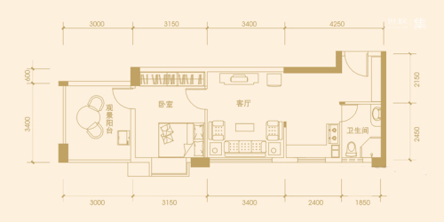 富丽华海御一期2#E户型-1室1厅1卫1厨建筑面积60.72平米