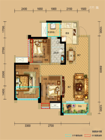 保利林语溪一期9栋标准层C户型-3室2厅1卫1厨建筑面积78.00平米