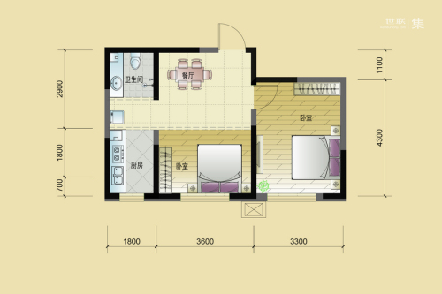 东逸美郡二期B户型-2室1厅1卫1厨建筑面积60.03平米