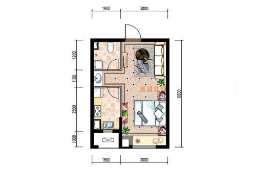 宏亚·圣诺园GF户型-1室1厅1卫1厨建筑面积38.71平米