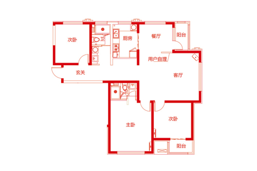 万达城C6栋D2户型-3室2厅2卫1厨建筑面积140.00平米