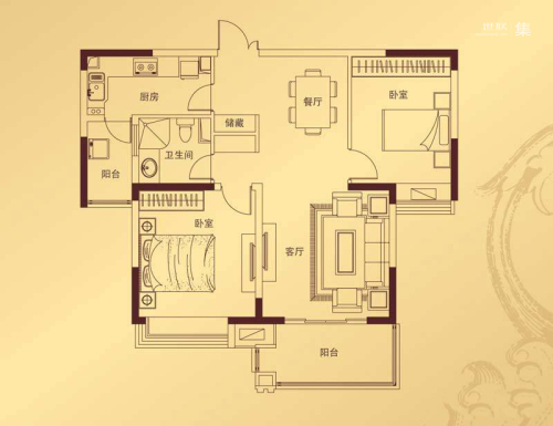 康利华府一期01#标准层E1-2户型-2室2厅1卫1厨建筑面积96.00平米