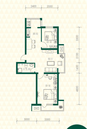 丽江苑L4户型-2室2厅1卫1厨建筑面积73.00平米