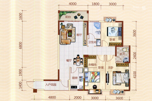 北海假日花园一期R栋R4户型-3室2厅2卫1厨建筑面积128.48平米