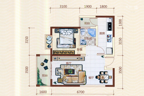 北海假日花园一期R栋R14户型-1室2厅1卫1厨建筑面积60.34平米