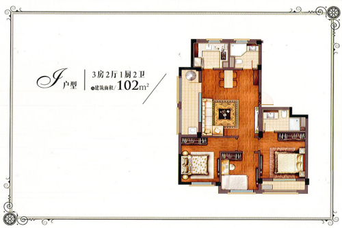 绿地香缇J户型-3室2厅2卫1厨建筑面积102.00平米