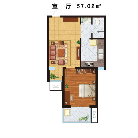 万国园星洲美域4户型-1室2厅1卫1厨建筑面积57.02平米