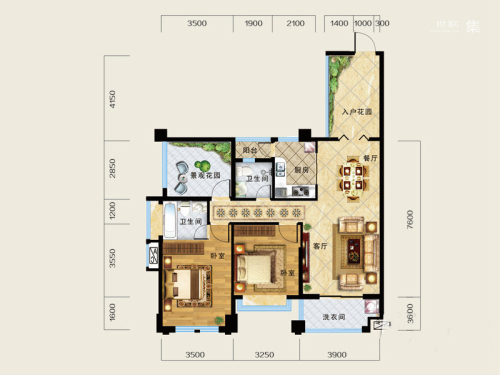 海城尚都一期1号楼G户型-2室2厅2卫1厨建筑面积112.78平米