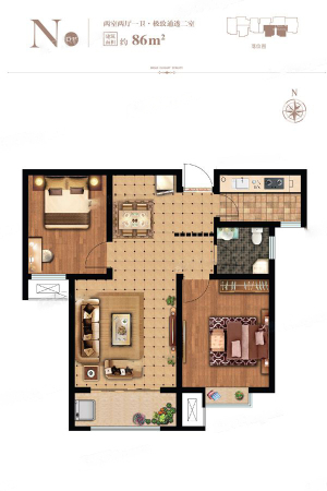 天海·博雅盛世D区标准层N户型-2室2厅1卫1厨建筑面积86.00平米