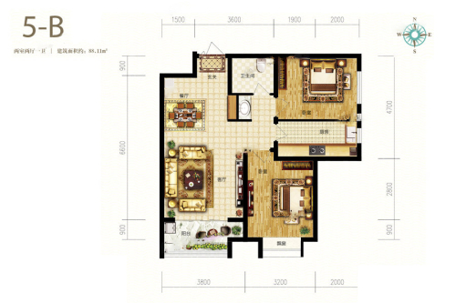 广安云棠5#B户型-2室2厅1卫1厨建筑面积88.11平米