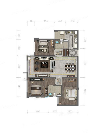 保利堂悦标准层C2户型-3室2厅2卫1厨建筑面积117.00平米