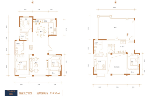 帝王国际7#、9#跃层B户型-5室3厅3卫1厨建筑面积239.36平米