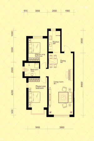 伟业富强天玺GD户型-2室2厅1卫1厨建筑面积93.00平米